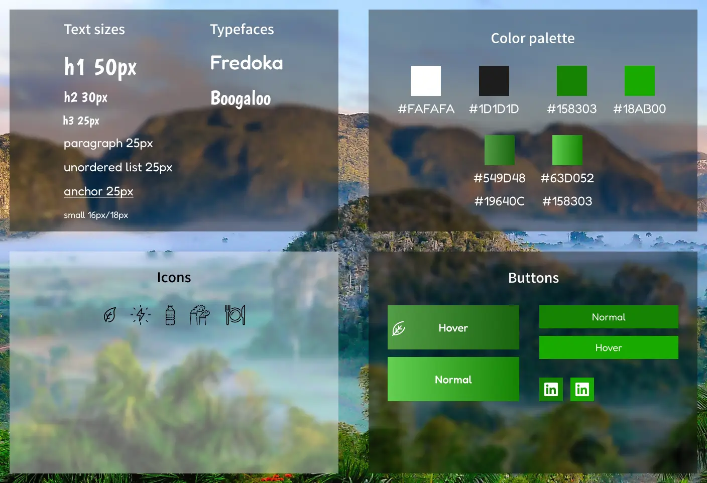 Style guide showing the design for all icons and buttons, as well as the color palette, font sizes and typefaces